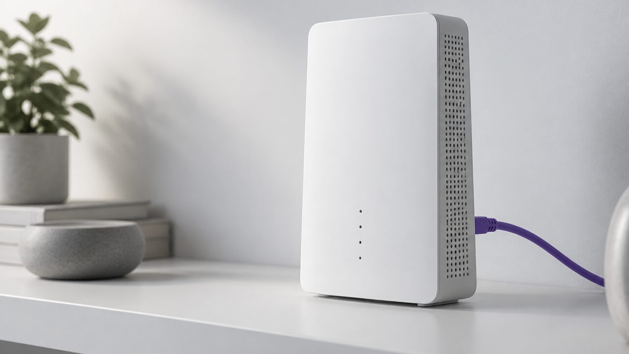 Router de fibra doméstico sobre una estantería, con un cable de red conectado en la parte trasera