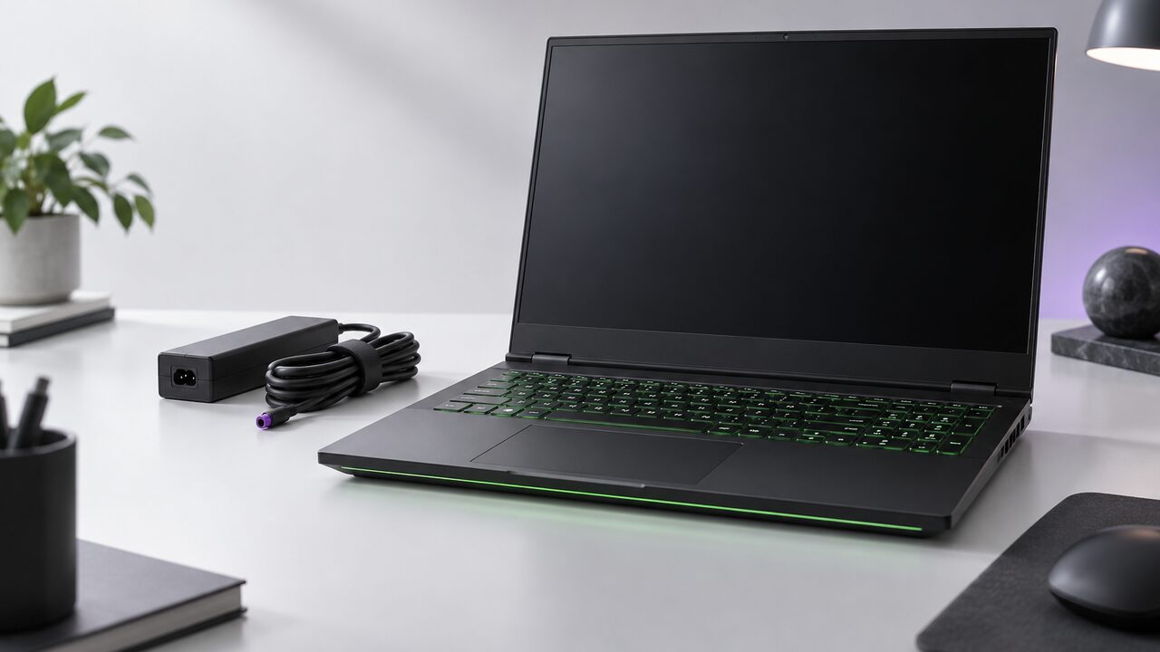 Portátil gaming abierto sobre un escritorio con su cargador enrollado al lado