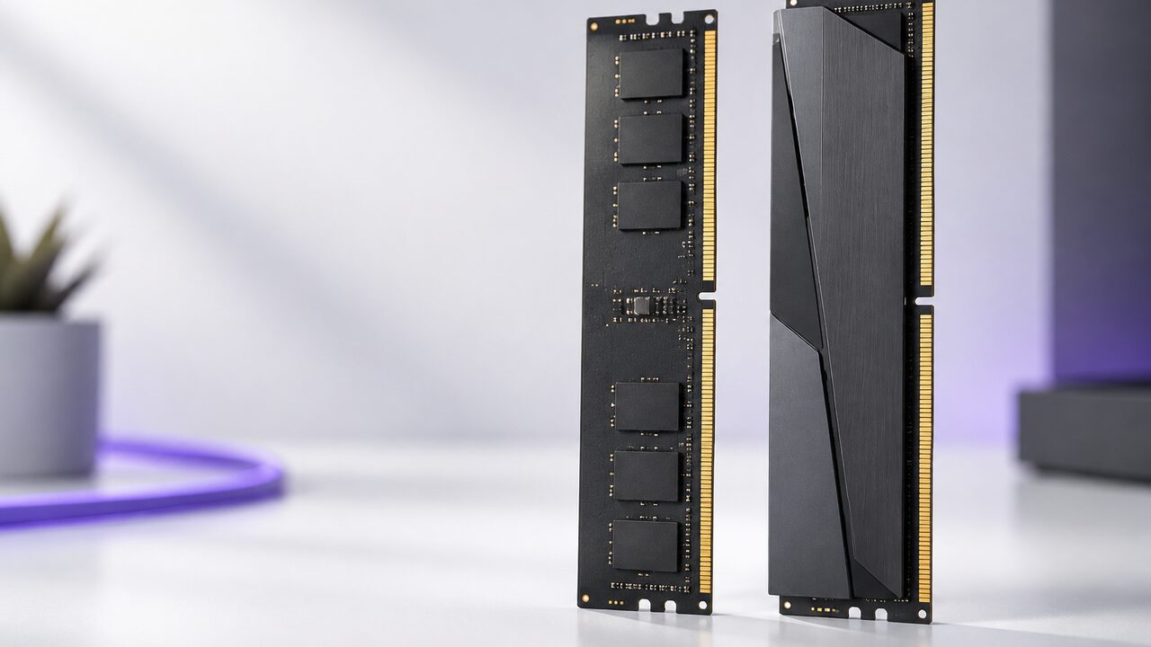 Un módulo de memoria DDR4 y otro DDR5 colocados de pie, uno junto al otro