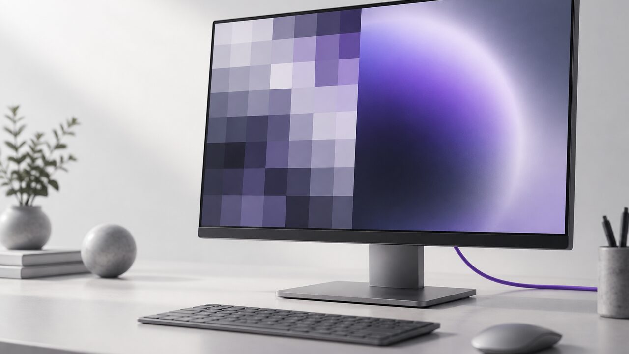 Monitor con una mitad en cuadrícula de píxeles gruesos y la otra en degradado suave