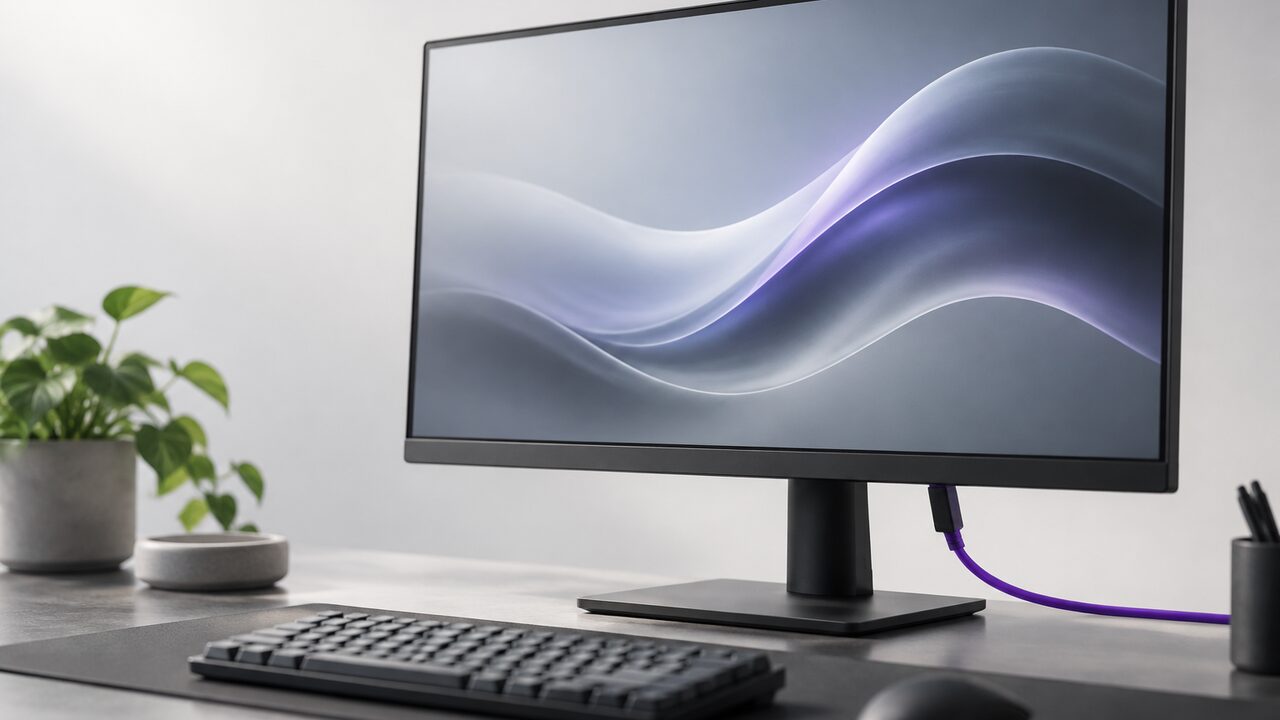 Monitor gaming con una onda abstracta en pantalla y un cable DisplayPort conectado