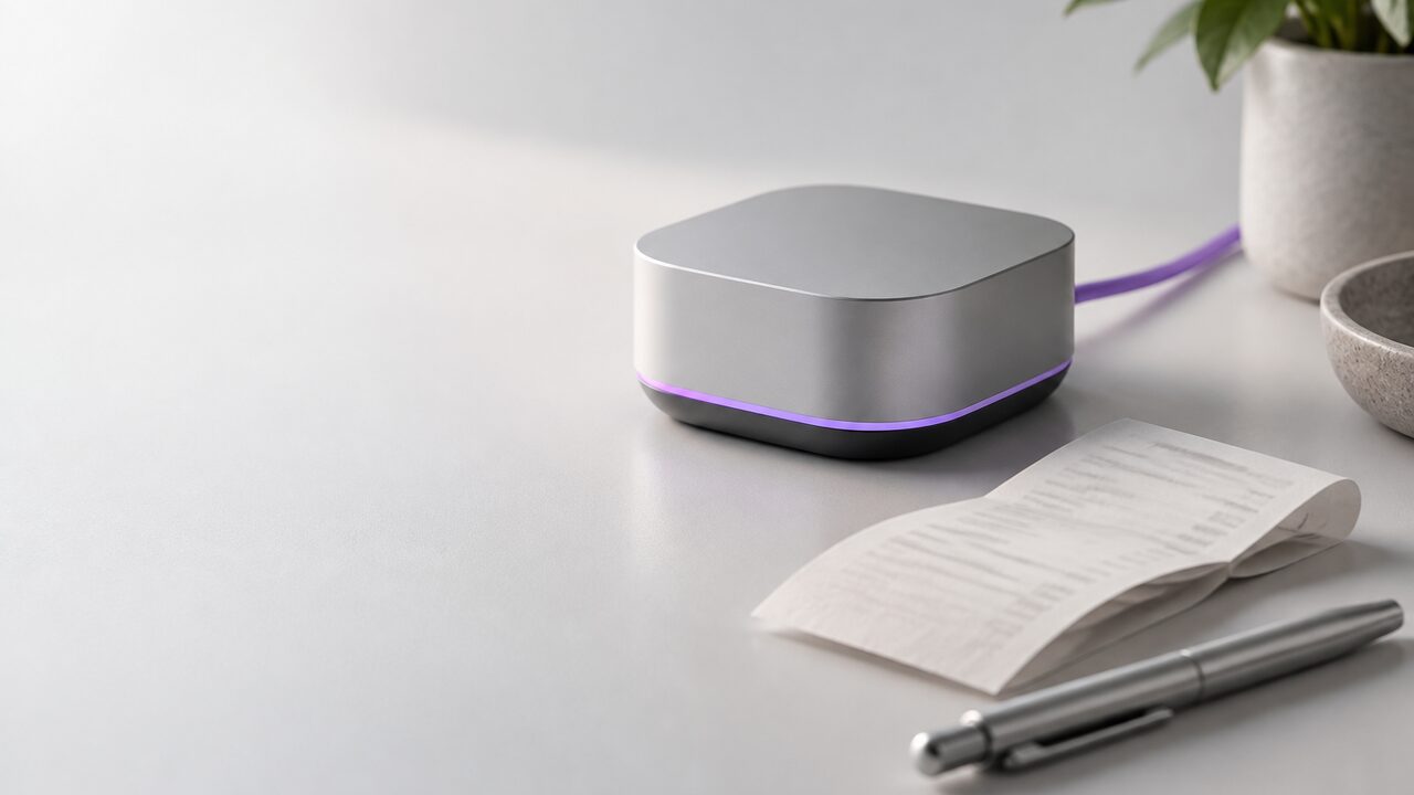 Dispositivo electrónico sobre una mesa junto a un ticket de compra doblado y un bolígrafo