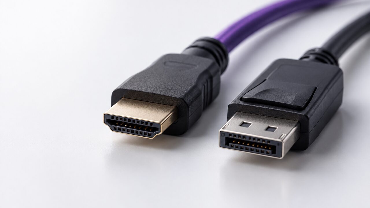 Conectores de un cable HDMI y de un cable DisplayPort colocados juntos sobre una superficie blanca