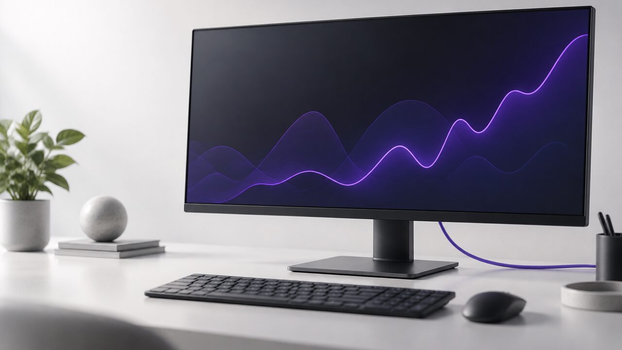 Monitor sobre un escritorio con un gráfico abstracto de líneas violeta, teclado y ratón delante