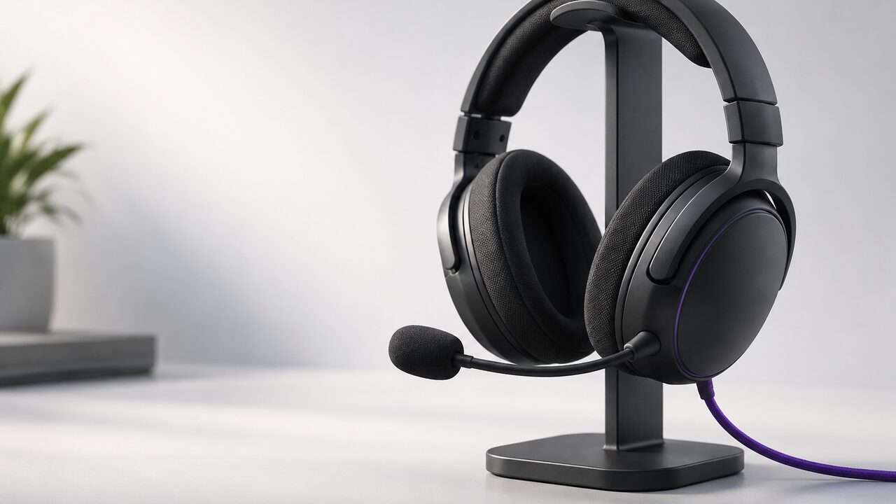 Auriculares gaming con micrófono sobre un soporte, acabado mate oscuro