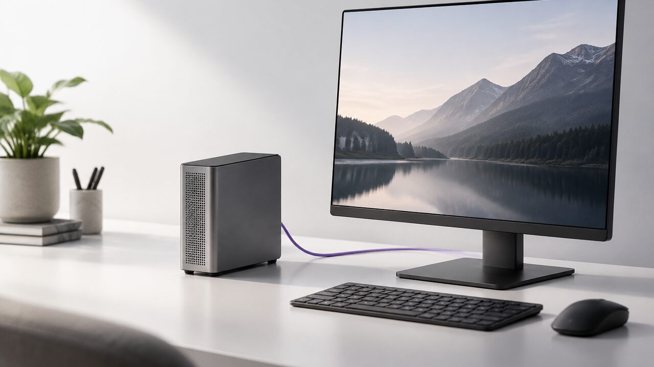 Mini PC del tamaño de un libro de bolsillo junto a un monitor compacto en un escritorio ordenado