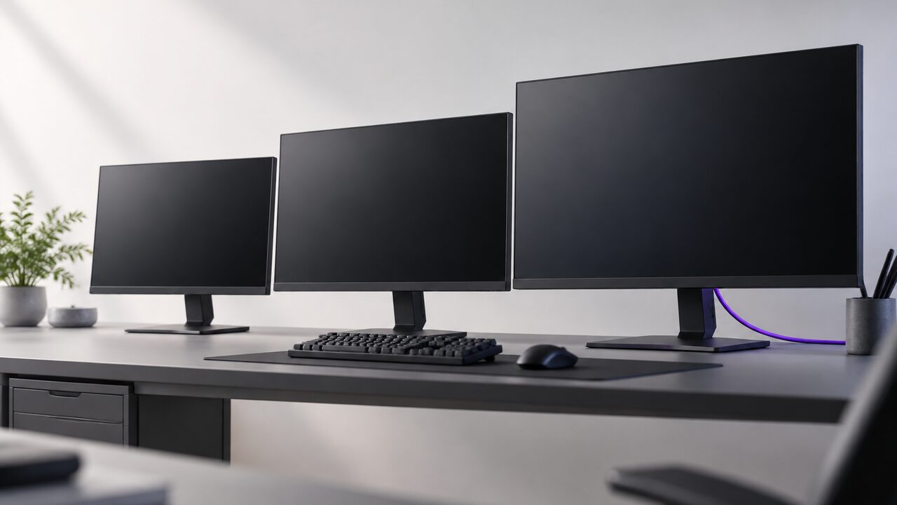 Tres monitores gaming de distinto tamaño colocados en fila sobre un escritorio