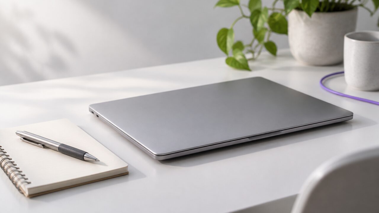 Portátil delgado cerrado sobre una mesa de estudio junto a un cuaderno y un bolígrafo