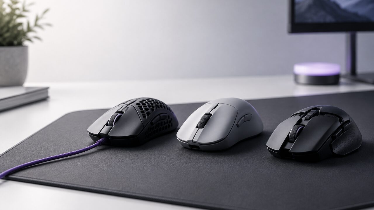 Tres ratones gaming de formas distintas en fila sobre una alfombrilla grande