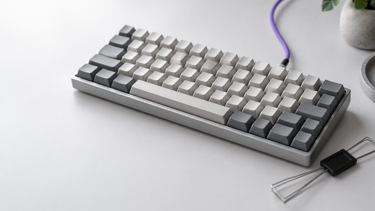 Teclado mecánico compacto visto en ángulo con un extractor de teclas al lado