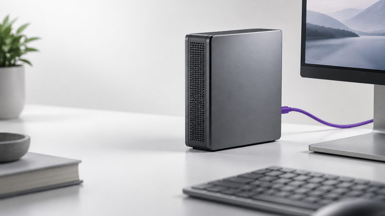 Mini PC del tamaño de un libro junto a la base de un monitor