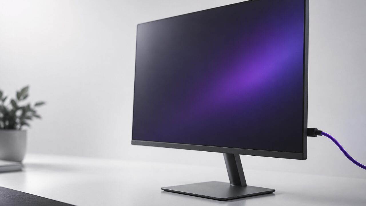Monitor gaming delgado con la pantalla en un degradado violeta oscuro y un cable DisplayPort conectado