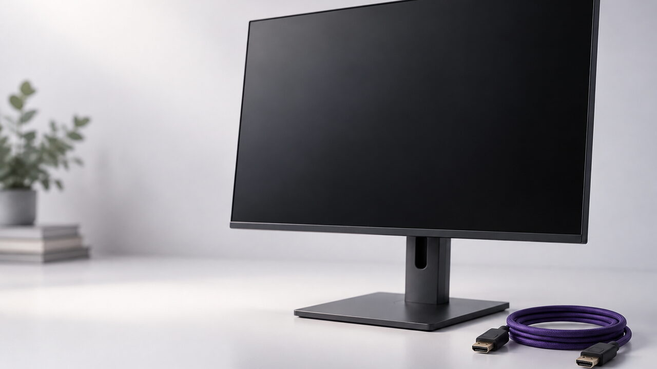 Monitor de marcos finos con su soporte regulable y un cable enrollado