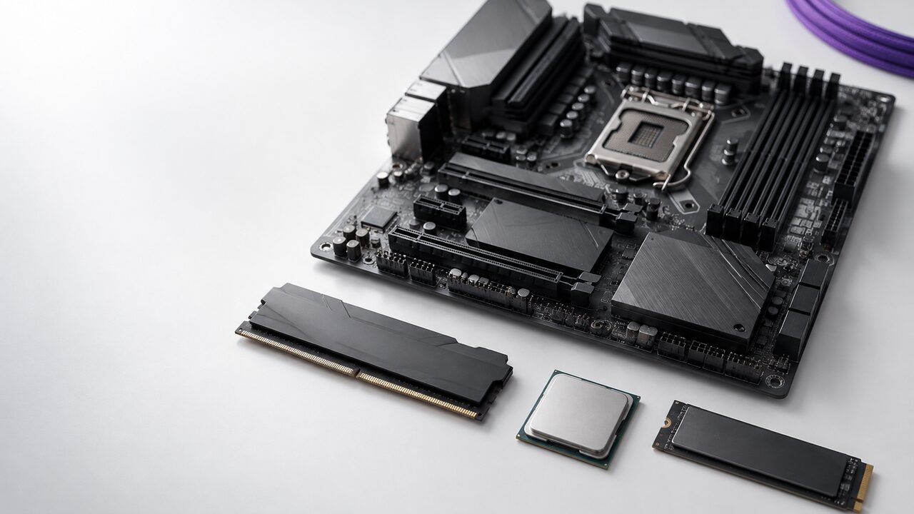 Componentes de PC dispuestos sobre una superficie blanca: placa base, procesador, memoria y SSD
