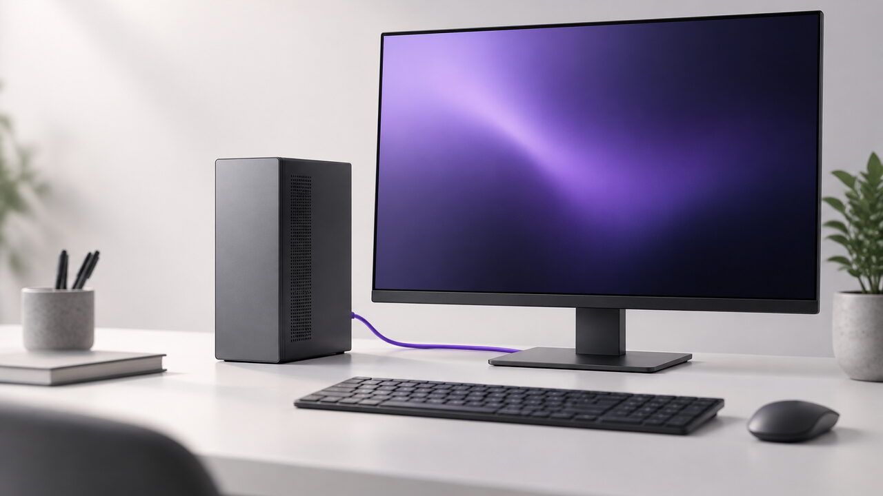 Escritorio despejado con un PC compacto, teclado y monitor