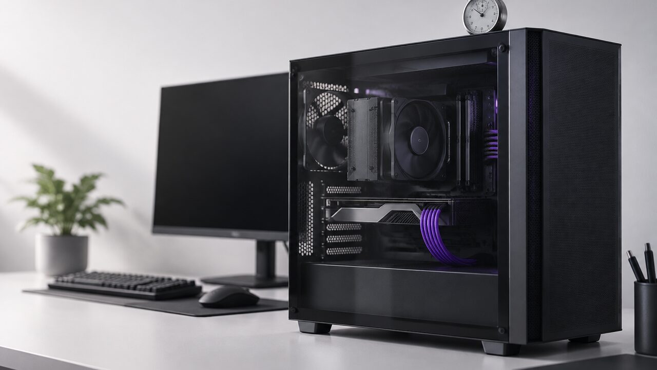 Torre de PC con panel lateral transparente y un cronómetro encima, sobre un escritorio claro