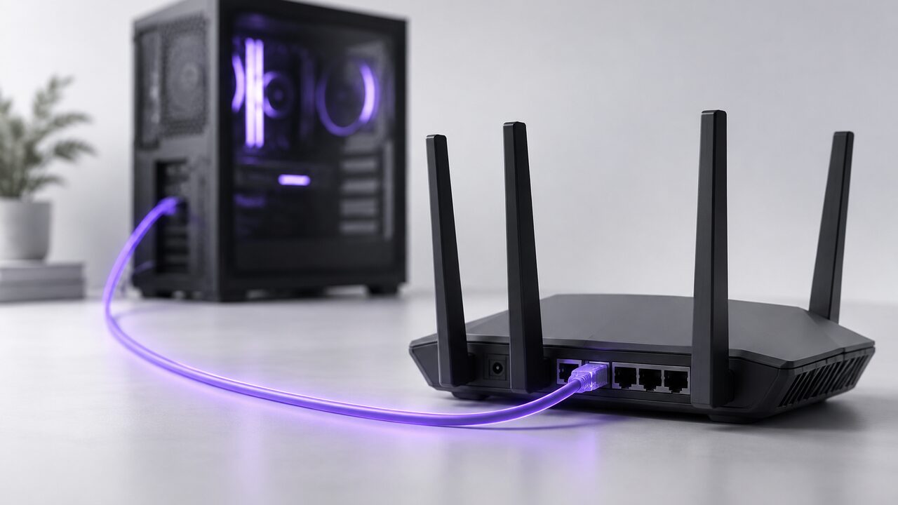 Router con un cable de red conectado hacia un PC de sobremesa al fondo