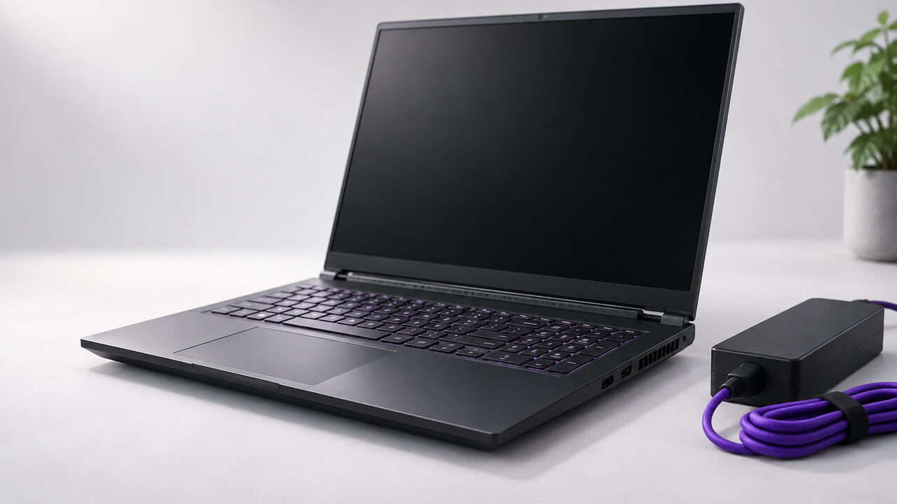 Portátil gaming abierto sobre una mesa clara con su cargador al lado