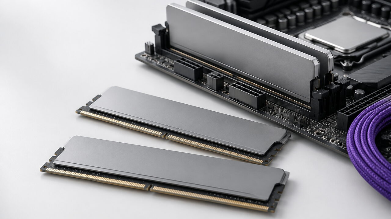 Cuatro módulos de memoria DDR5, dos de ellos montados en la placa base