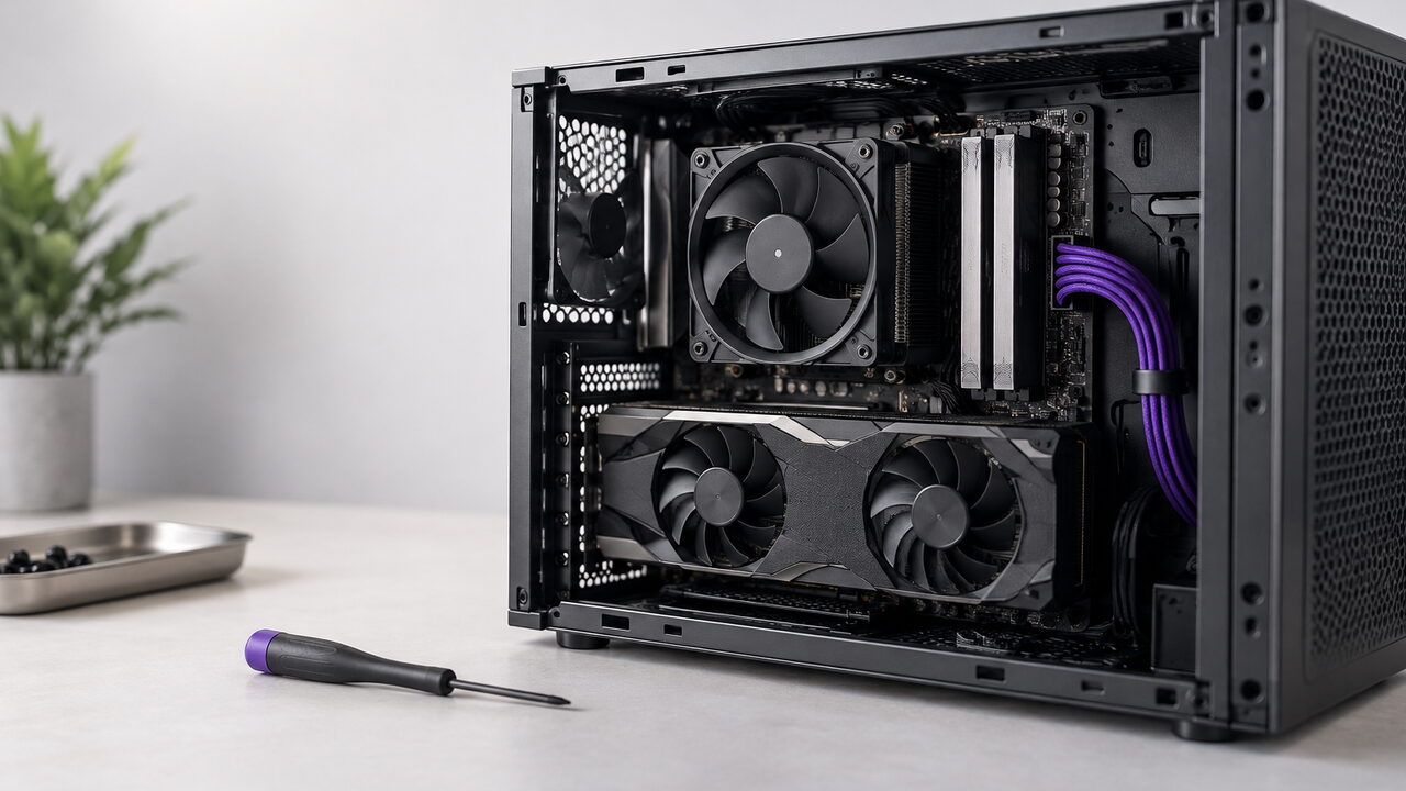 Torre de PC abierta mostrando la gráfica y dos módulos de memoria