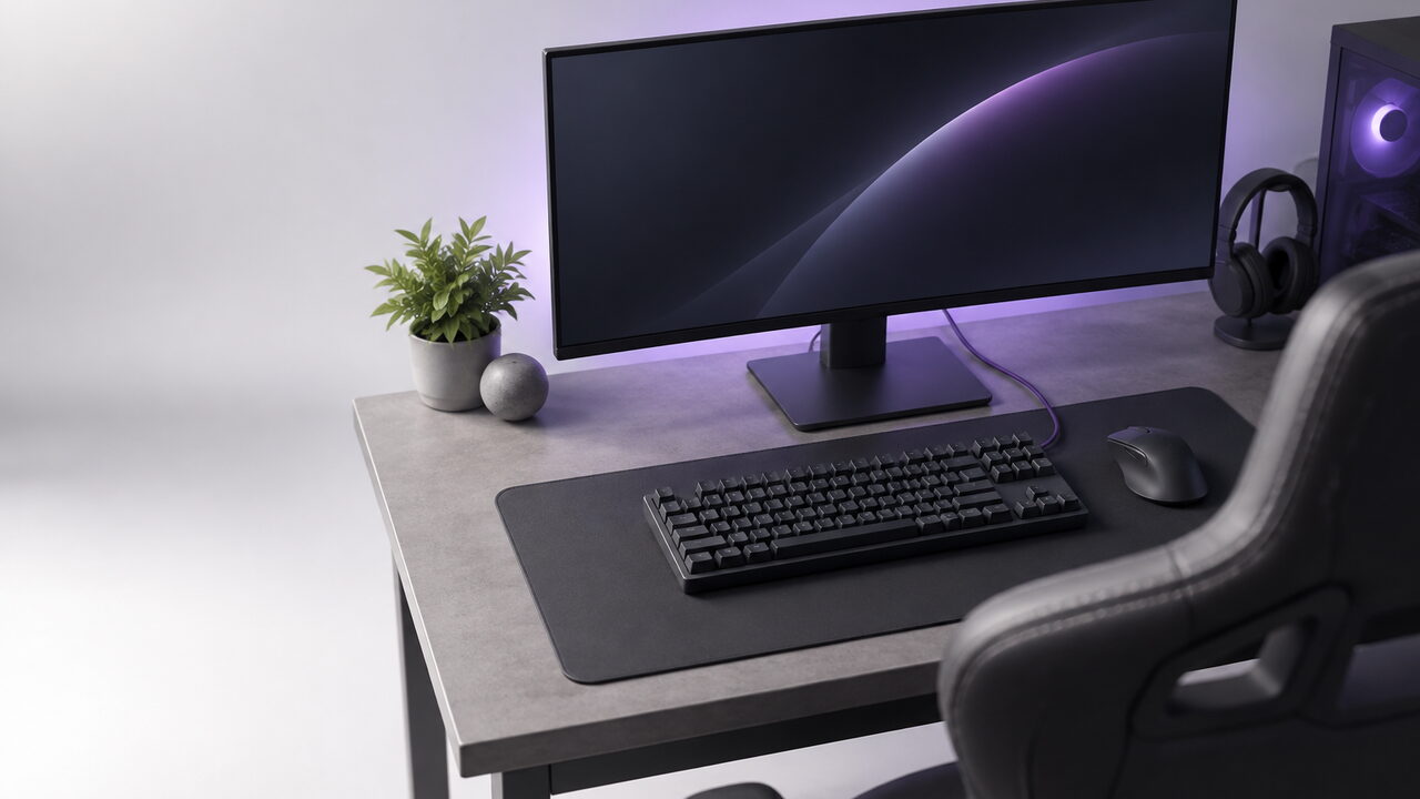 Escritorio de juego con monitor apagado y luz violeta de fondo