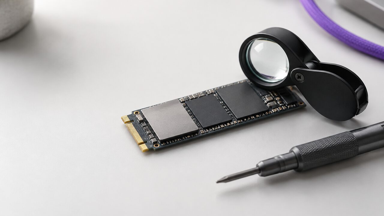 Unidad SSD M.2 sobre una mesa clara junto a un destornillador pequeño y una lupa