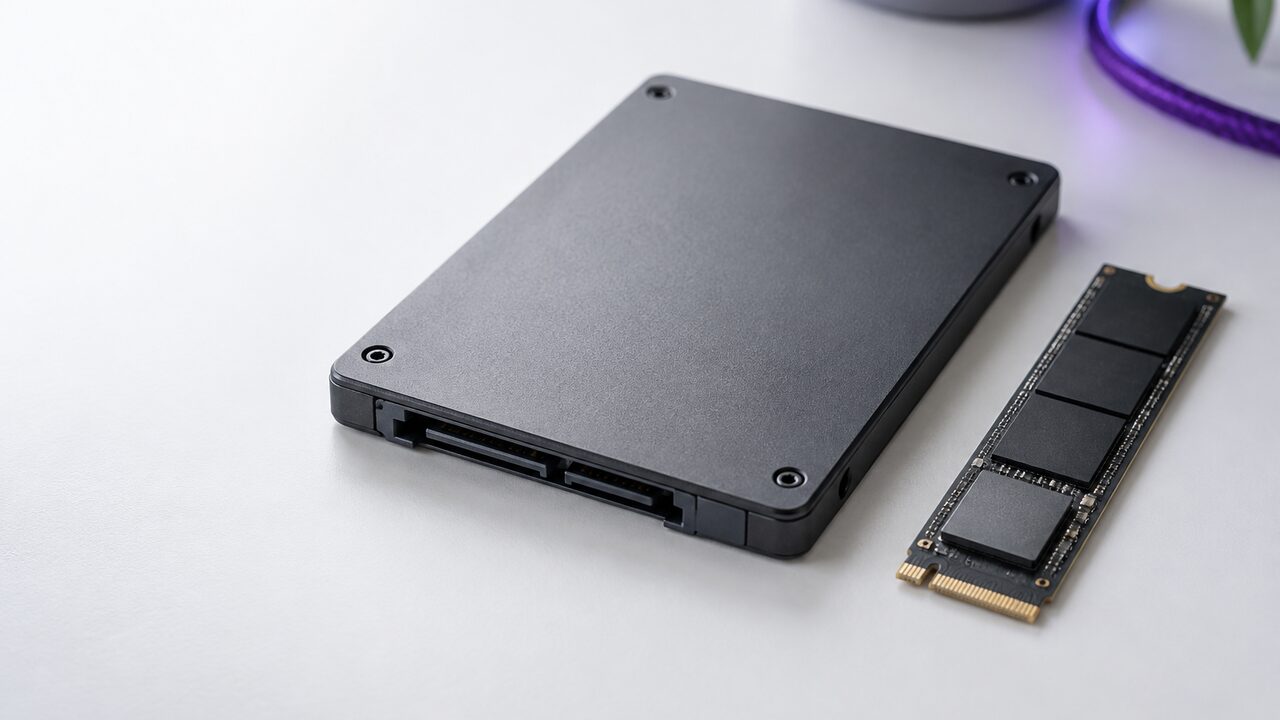 Un SSD SATA de 2,5 pulgadas y una unidad M.2 NVMe colocados uno al lado del otro