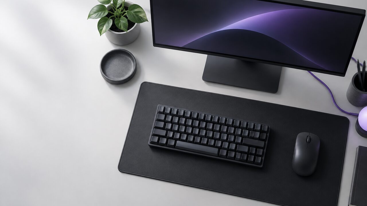 Escritorio de juego visto desde arriba: teclado, ratón sobre una alfombrilla grande y un monitor con la pantalla en degradado oscuro