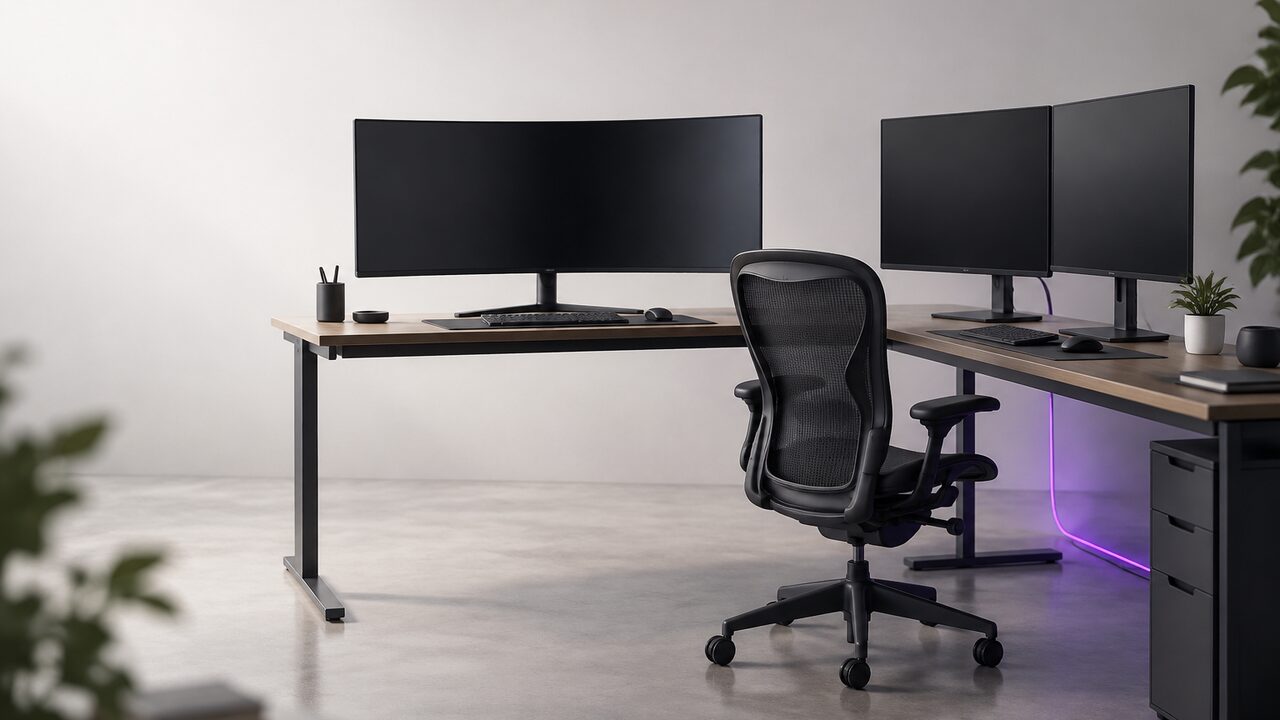 Un monitor panorámico curvo frente a dos monitores normales sobre un escritorio