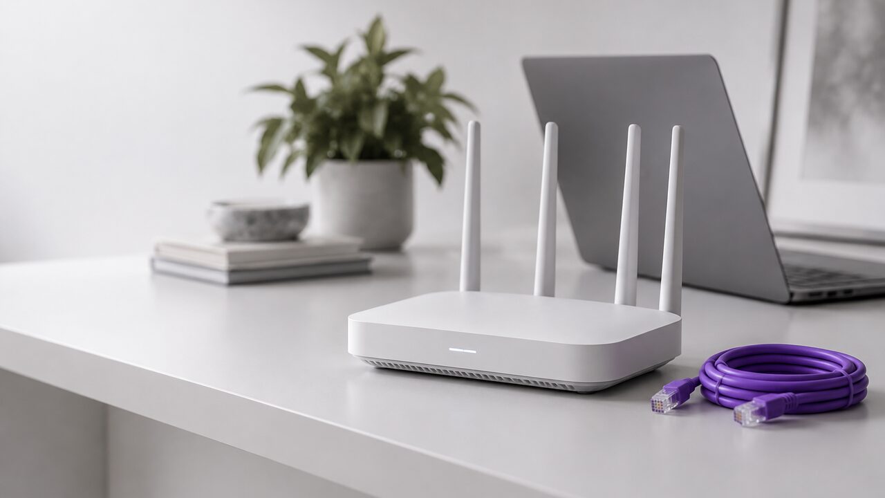 Router wifi y un cable de red enrollado en una balda con un portátil al fondo